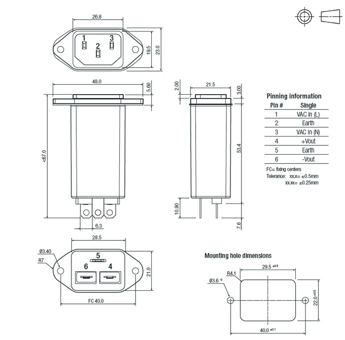 Mechanical Drawing - RECOM Power RAC05-K/C14 AC/DC Converters